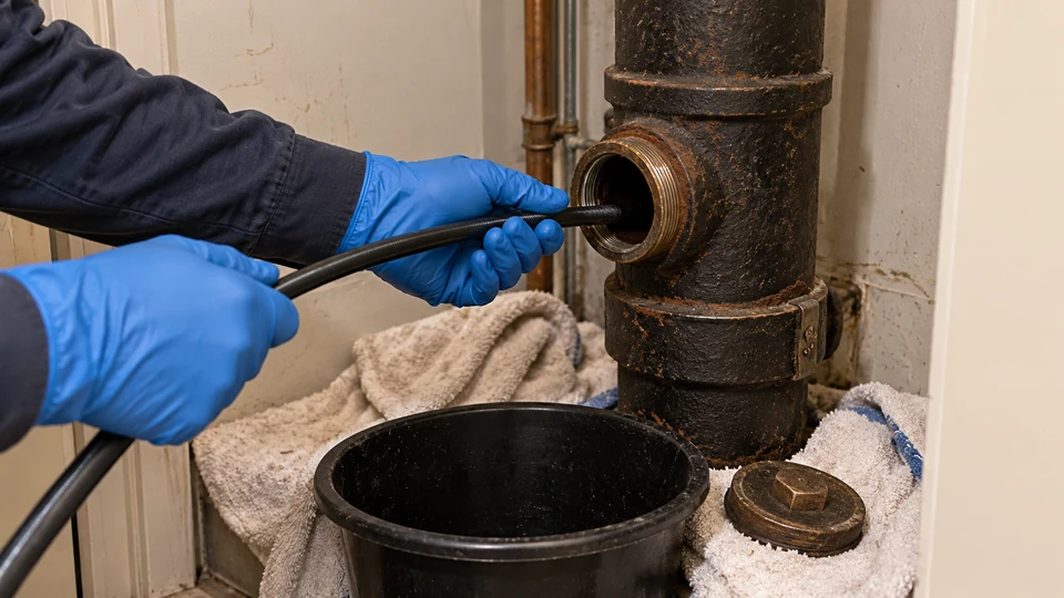 Gloved hands guiding a drain hose into an apartment cast iron cleanout