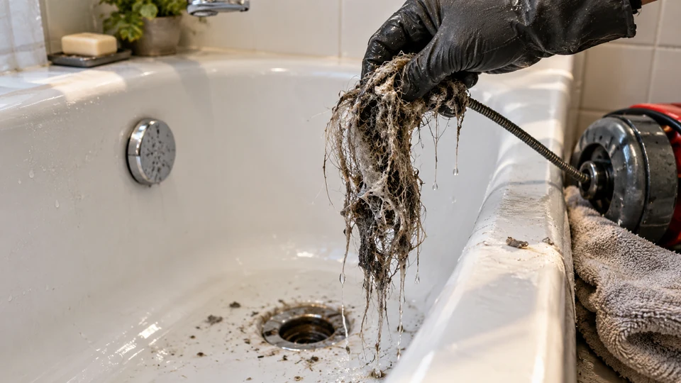 Gloved hand removing a hair and soap blockage from a bathtub drain
