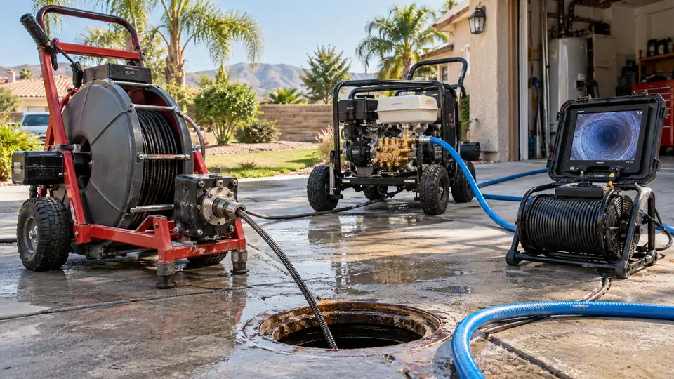 Drain cable machine, hydro jetter and sewer camera equipment on a driveway