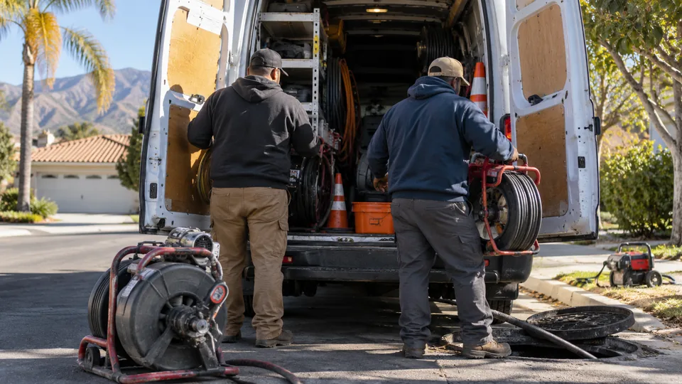 Two drain technicians unloading equipment from a service van