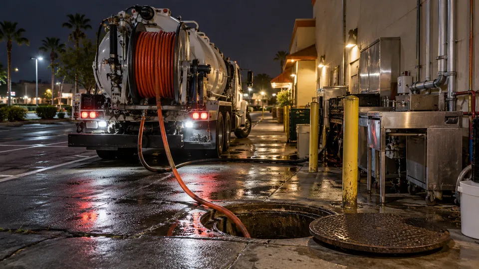 Commercial jetting truck working behind a restaurant at night