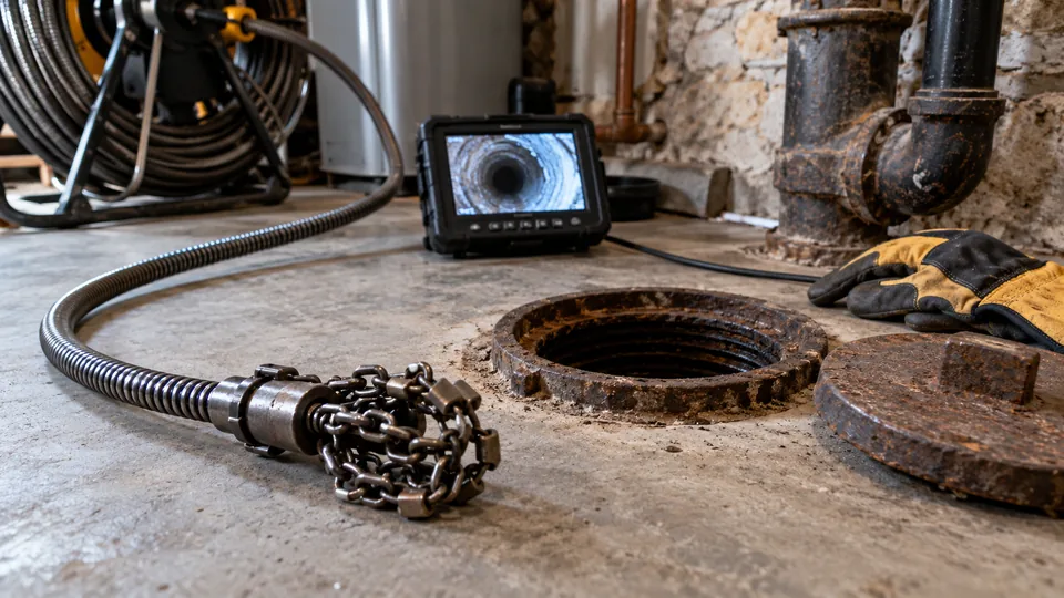 Descaling chain tool and inspection camera beside a cast iron cleanout