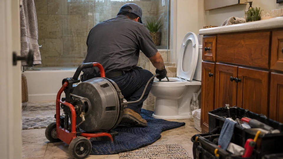 Technician using a drain cable machine in a residential bathroom