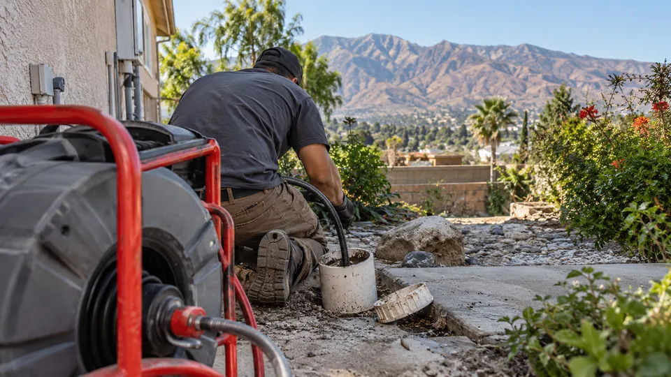 Technician clearing a residential sewer cleanout in Grand Terrace