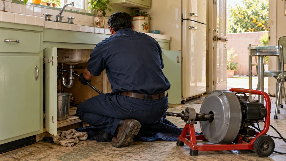 Technician clearing a kitchen drain in a vintage-style Rialto home