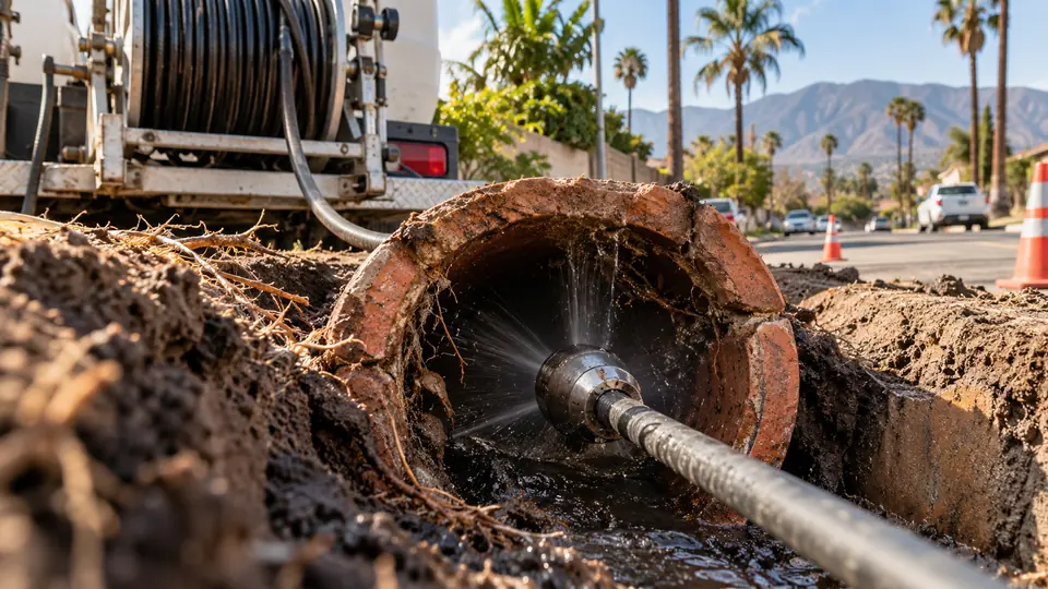 Jetting equipment at an exposed clay drain pipe in South Colton