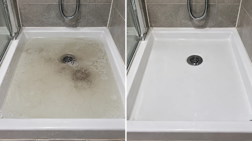 Same shower tray before and after clearing a blocked drain