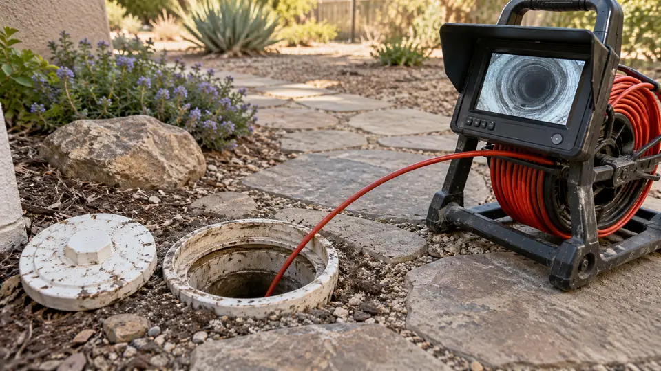 Sewer camera and open cleanout beside a garden path