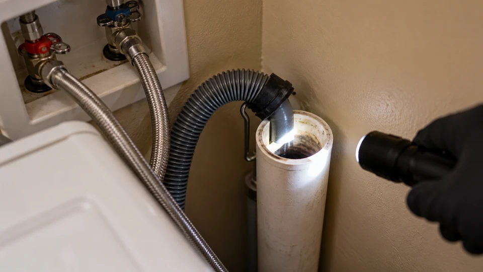 Flashlight inspection of a washing machine drain standpipe