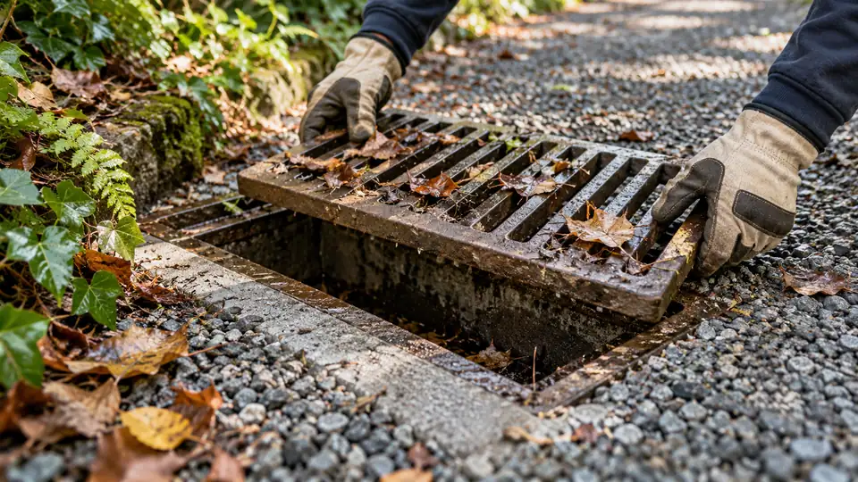 Gloved hands lifting a leaf-covered yard drain grate