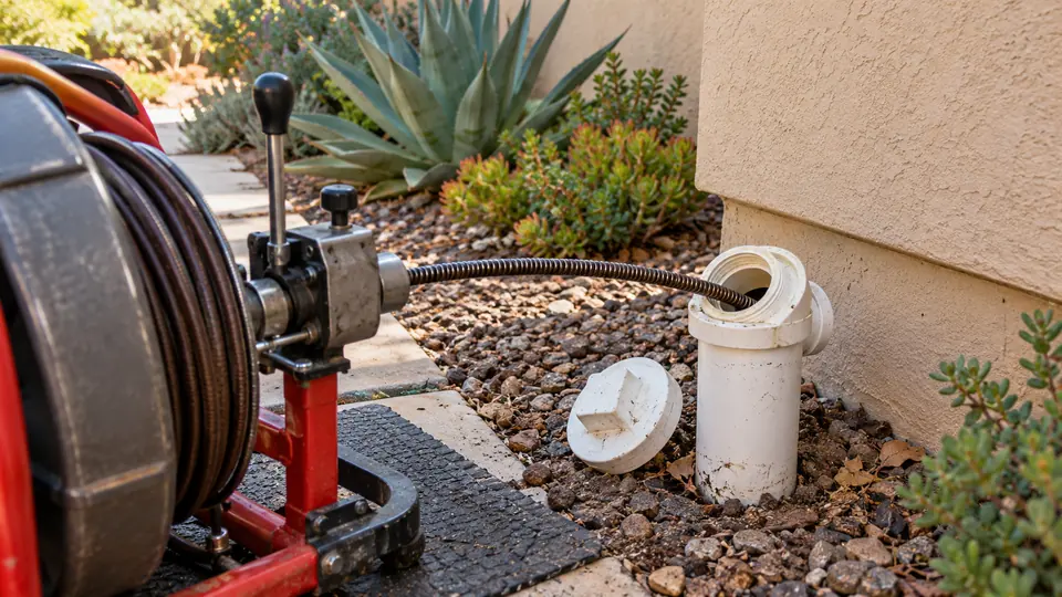 Drain cable entering a PVC cleanout beside a drought-tolerant garden