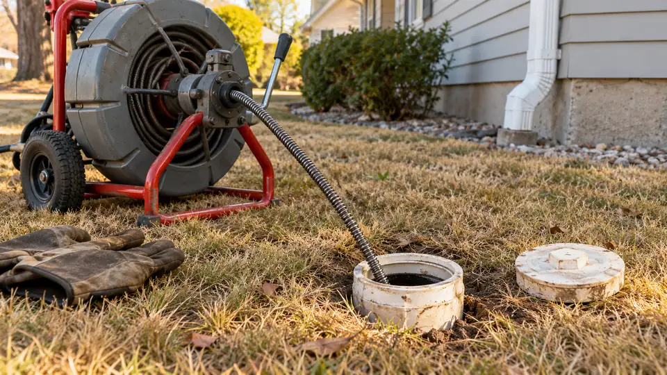 Drain cable and tools at a cleanout beside a ranch-style house