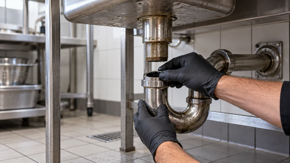 Gloved hands removing a restaurant sink drain trap