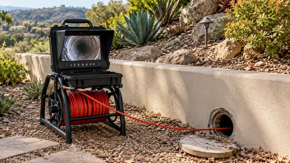 Drain inspection camera beside a hillside retaining wall