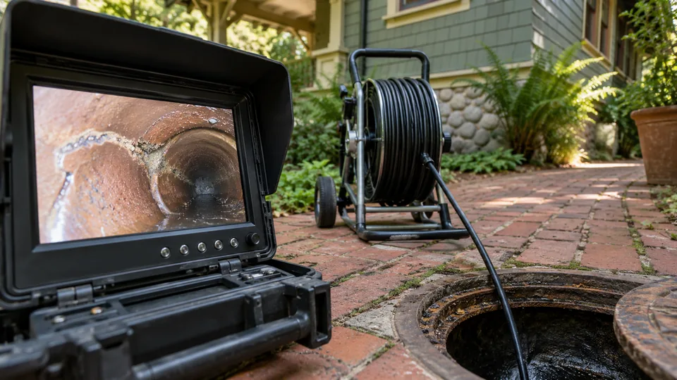 Sewer camera screen and reel beside a brick garden path