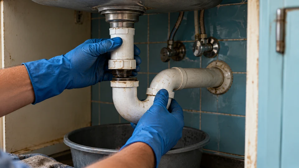 Gloved hands disconnecting a kitchen drain trap beside blue tiles