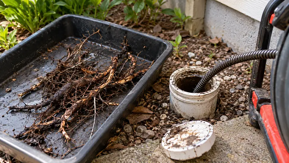 Extracted tree roots in a tray beside a sewer cleanout