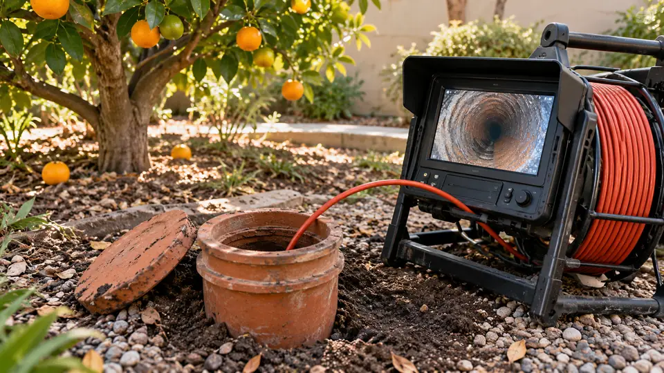 Sewer inspection camera beside a clay cleanout in a citrus garden