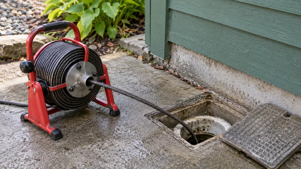Drain cable reel beside an exterior cleanout and green house siding