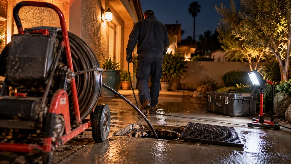 Drain equipment and technician at a home during an evening service visit