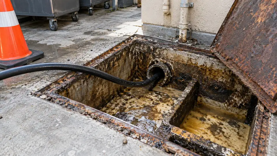 Jetting hose inserted into a grease interceptor inlet pipe