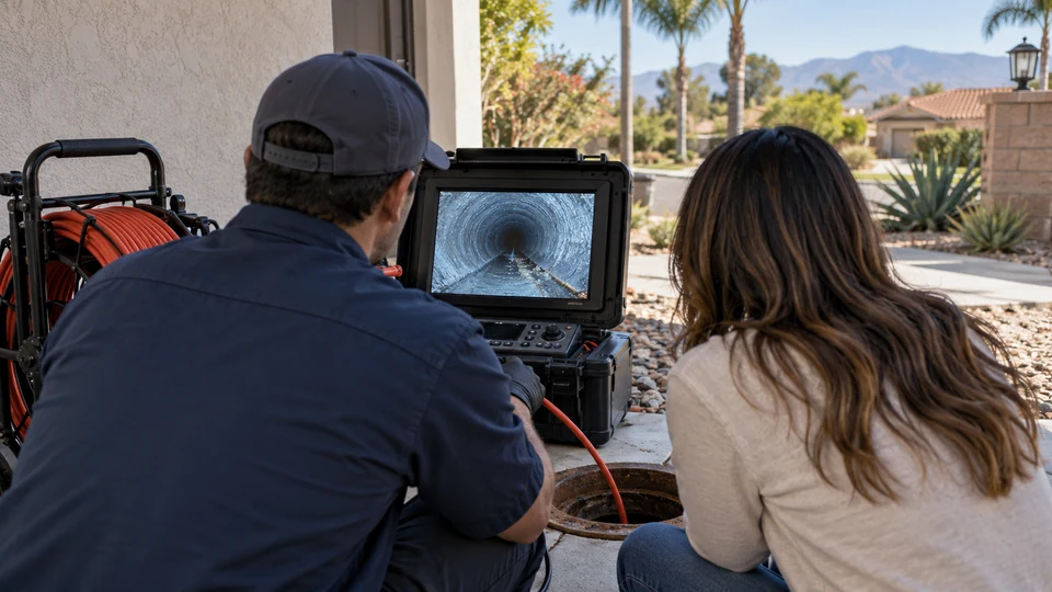 Buyer reviewing drain camera footage during a pre-purchase sewer inspection