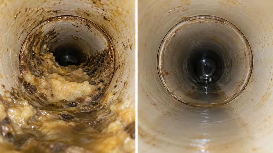 Same drain pipe before and after removal of grease buildup