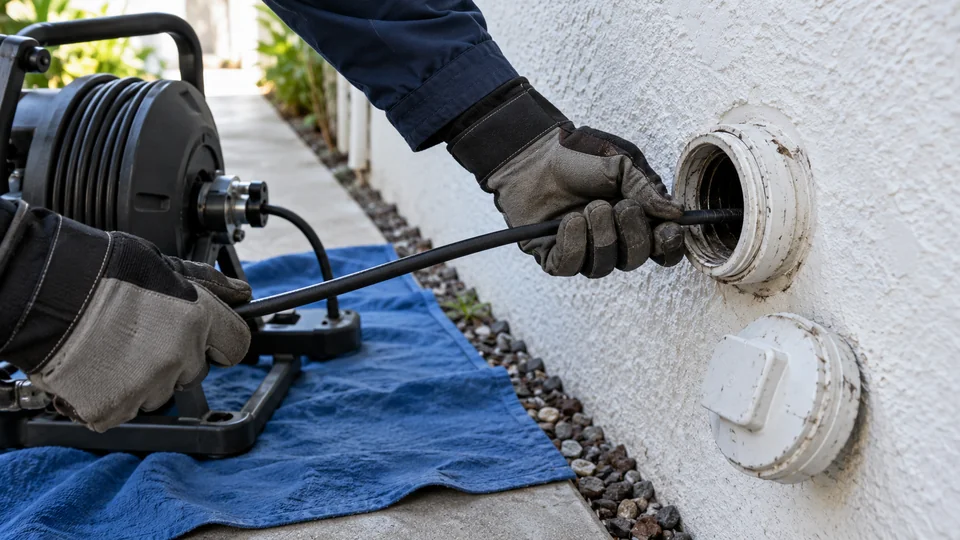 Gloved hands guiding a drain cable into an exterior condo cleanout