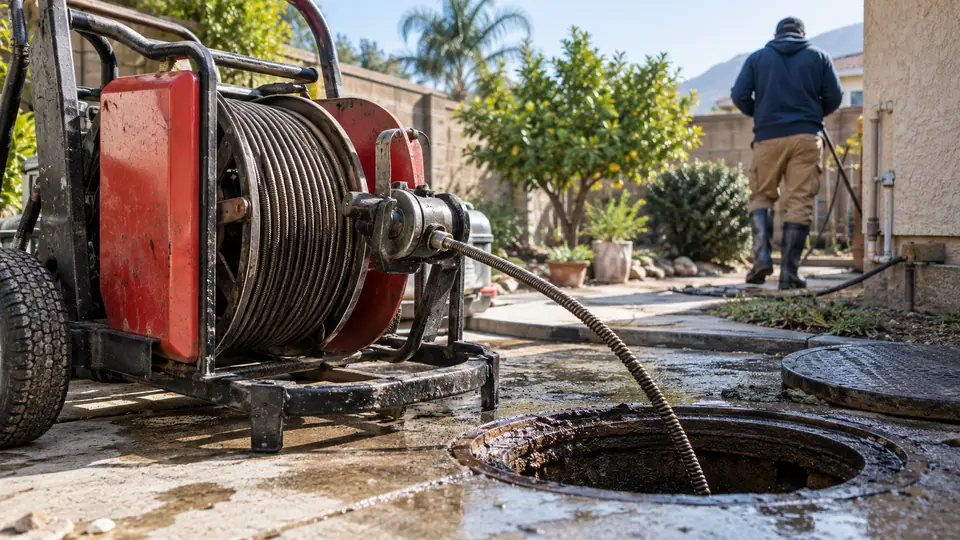 Heavy drain cable machine at a residential main sewer access