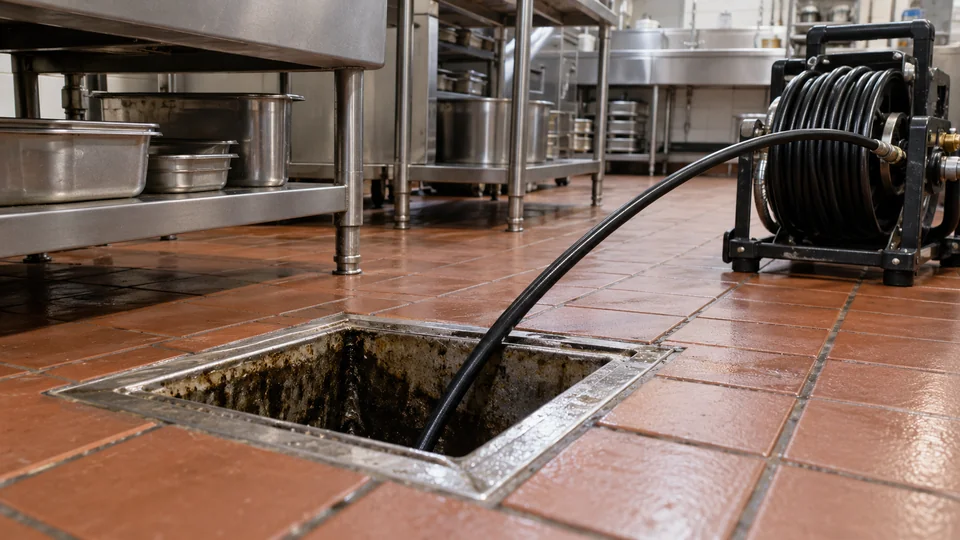 Jetting hose inserted into a restaurant kitchen floor drain
