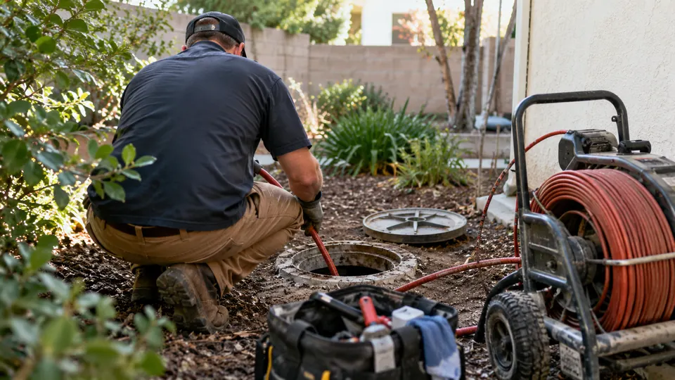 Technician accessing a yard cleanout to clear a sewer blockage