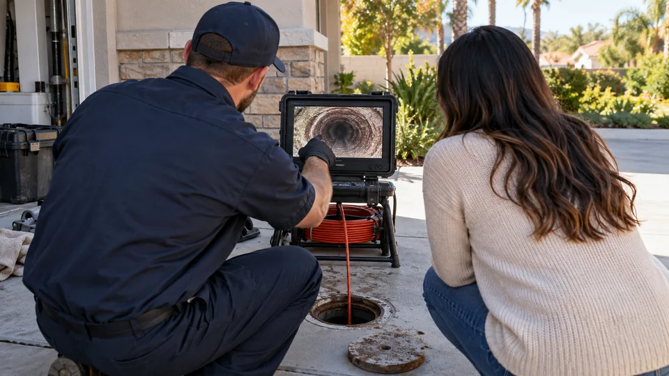 Technician and homeowner reviewing a sewer camera inspection
