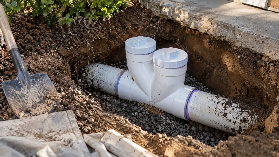 New PVC sewer cleanout fitting installed in a small excavated pit