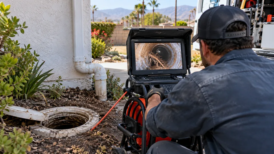 Technician inspecting tree roots on a sewer camera screen