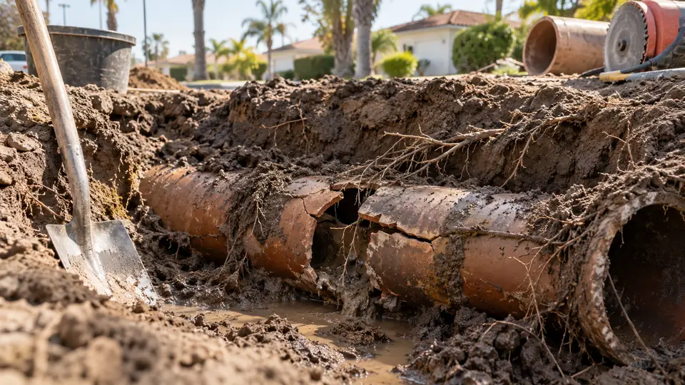 Cracked clay sewer pipe exposed in a residential repair trench