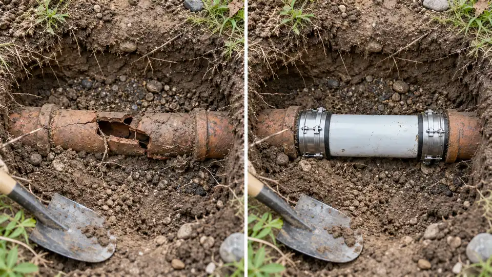 Same sewer trench before and after replacing a damaged clay pipe section