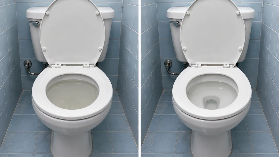 Same toilet before and after clearing a blockage and restoring the water level