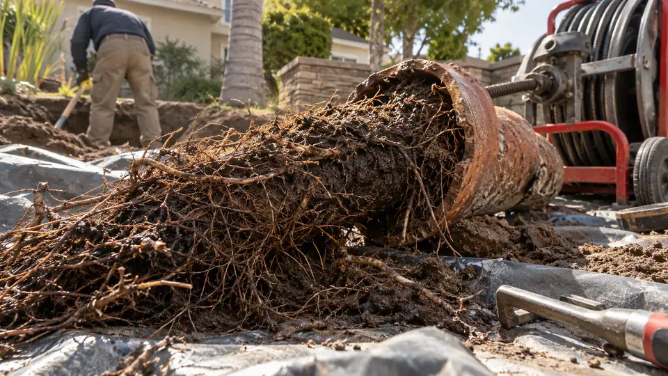 Tree roots removed from a clay sewer pipe beside drain equipment