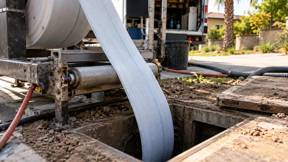 Flexible sewer liner being fed into a small access opening
